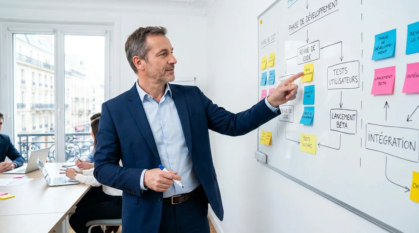 Dirigeant planifiant les étapes de développement d'un logiciel sur mesure