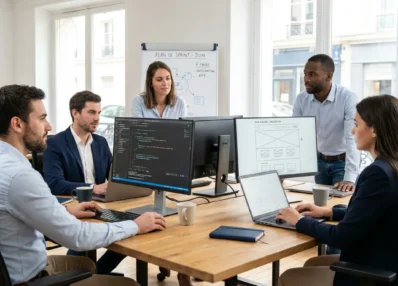 Équipe de développeurs web collaborant dans un espace de travail moderne en France