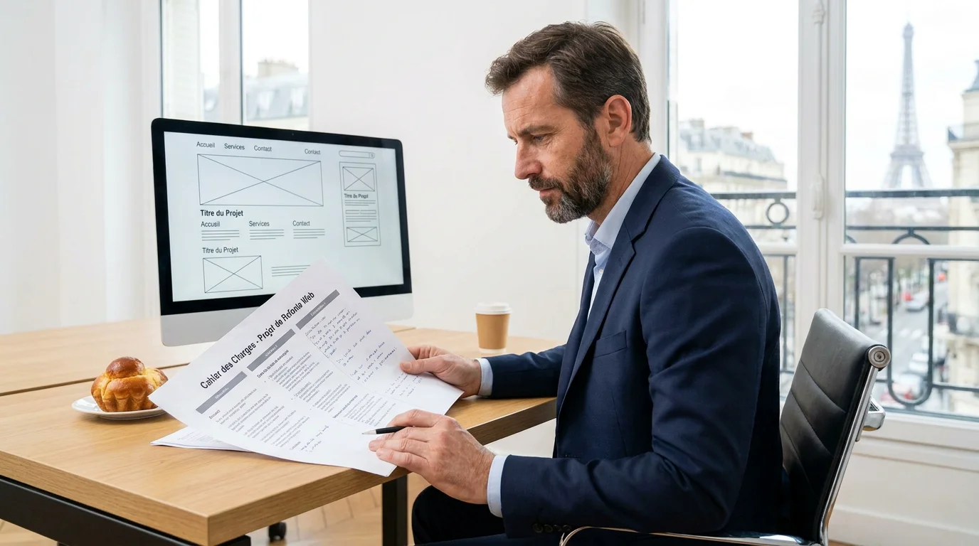 Professionnel étudiant un cahier des charges de développement web à son bureau