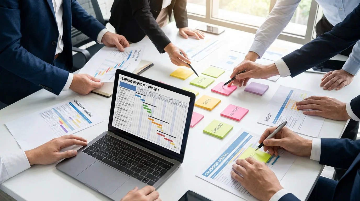 Vue plongeante d'une table de réunion avec documents de planification de projet web et équipe en collaboration