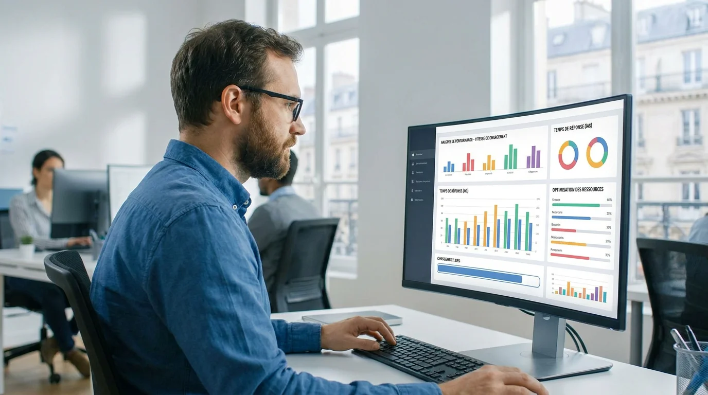 Développeur web analysant les métriques de performance d'un site sur son écran