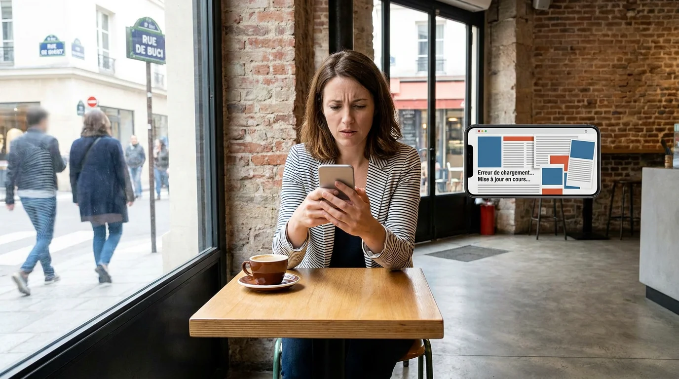 Utilisatrice frustrée par le décalage visuel d'une page web sur mobile