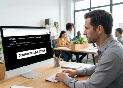 Site web accessible affiché sur un écran d'ordinateur dans un environnement de travail professionnel