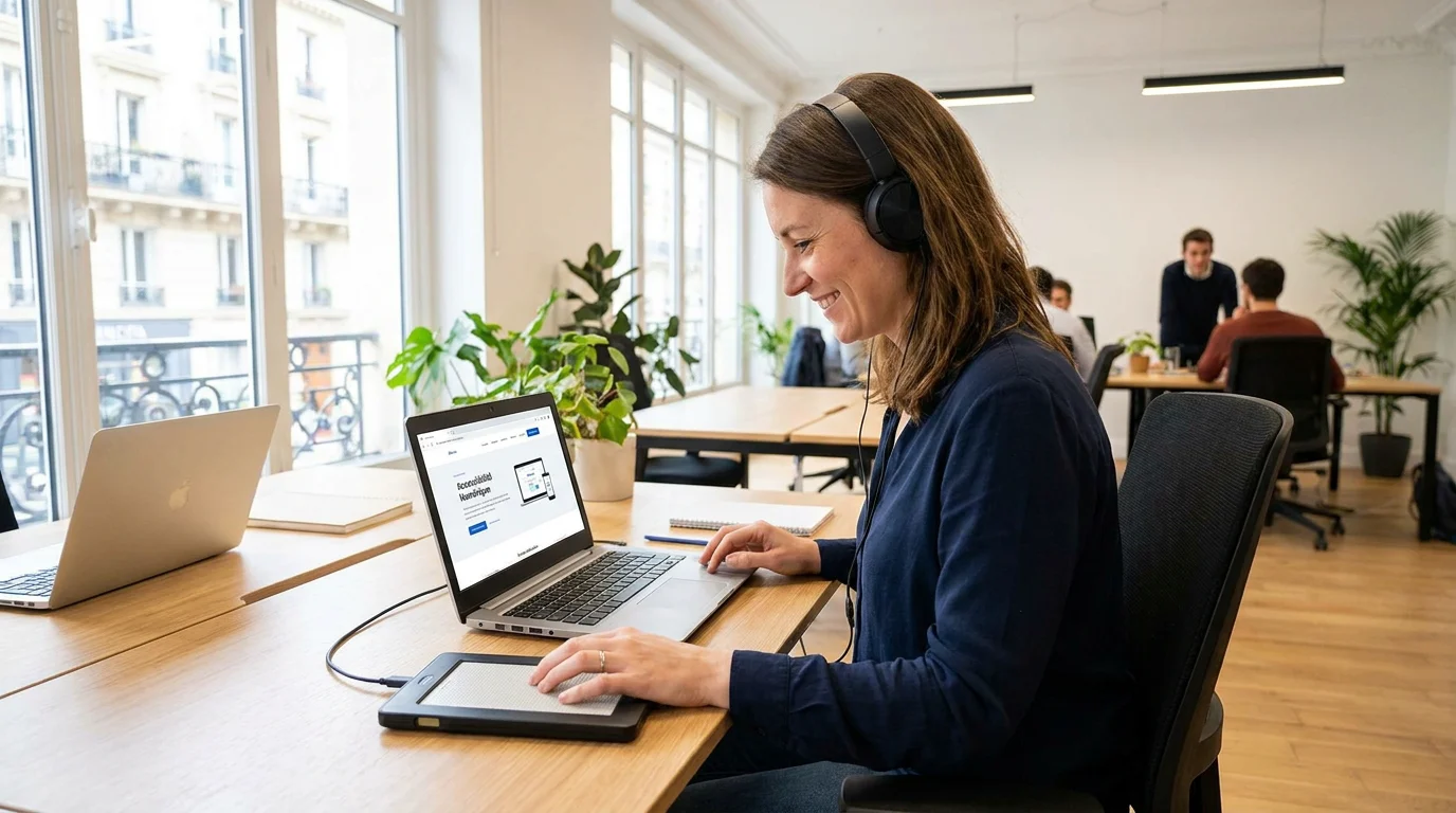 Personne utilisant un lecteur d'écran sur un site web accessible dans un bureau moderne