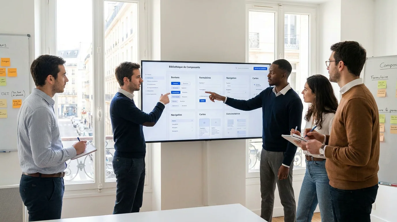 Équipe de designers et développeurs collaborant sur un design system pour SaaS dans un bureau moderne