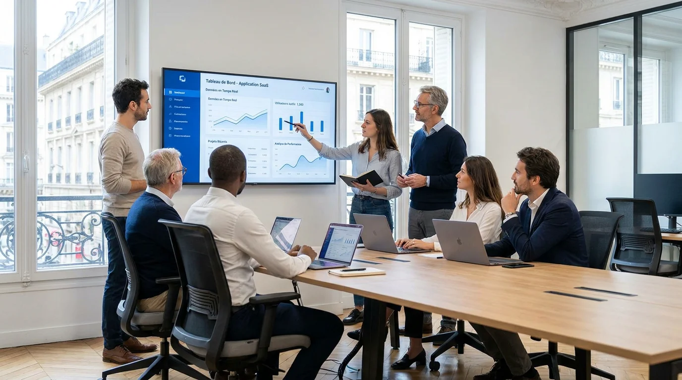 Équipe de développeurs et designers collaborant sur une application SaaS dans un bureau moderne