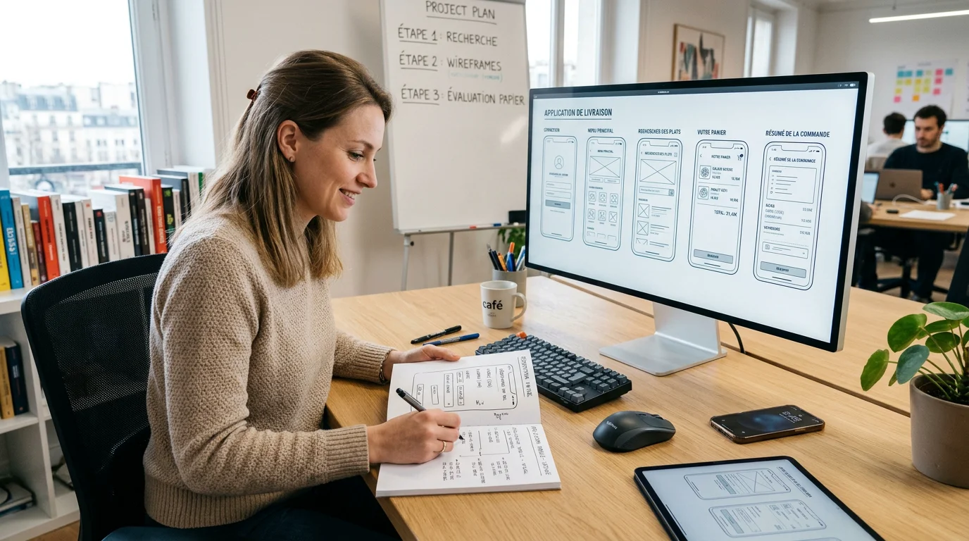 Conceptrice européenne travaillant sur des maquettes et wireframes d'application