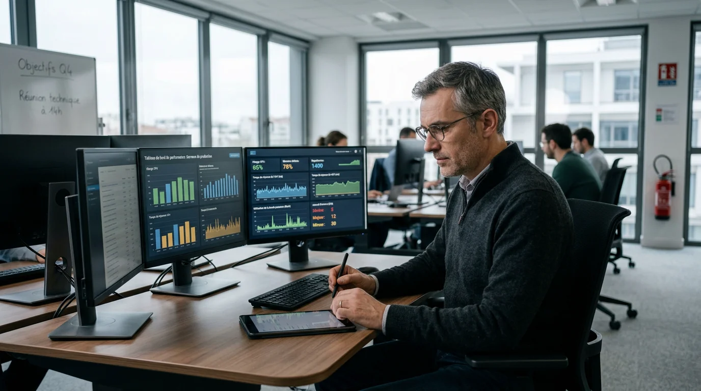 Architecte logiciel analysant les performances d'un backend sur plusieurs écrans