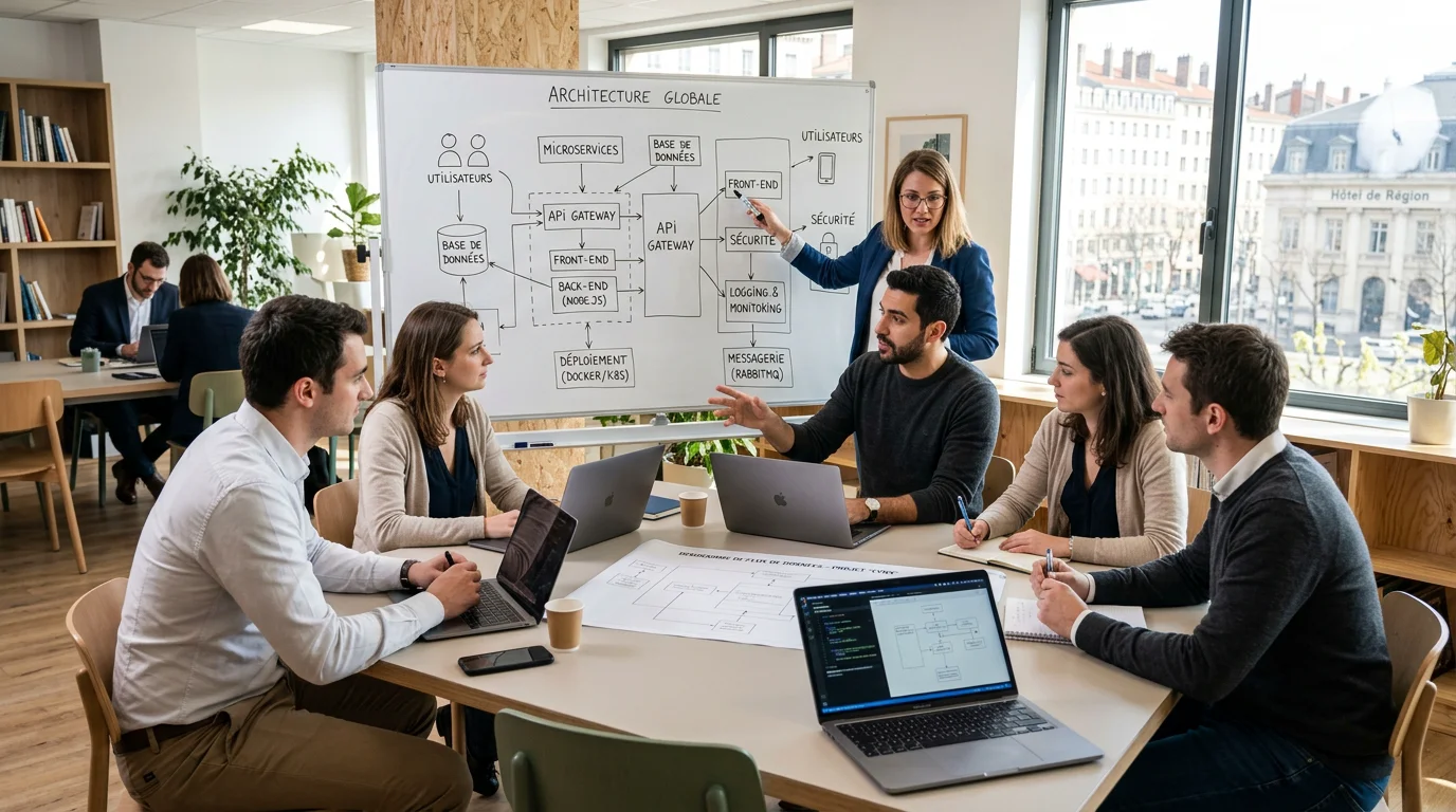 Équipe de développement discutant du choix d'une architecture backend