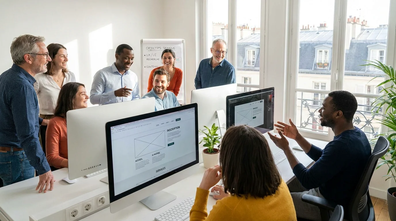 Équipe d'une agence web collaborant sur un projet de conception de site internet