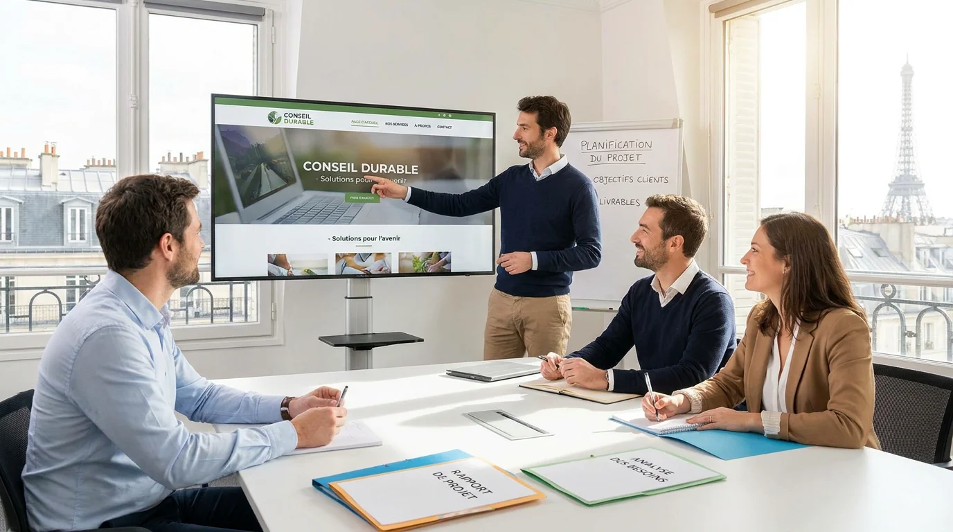 Chef de projet présentant une maquette web à des clients en réunion