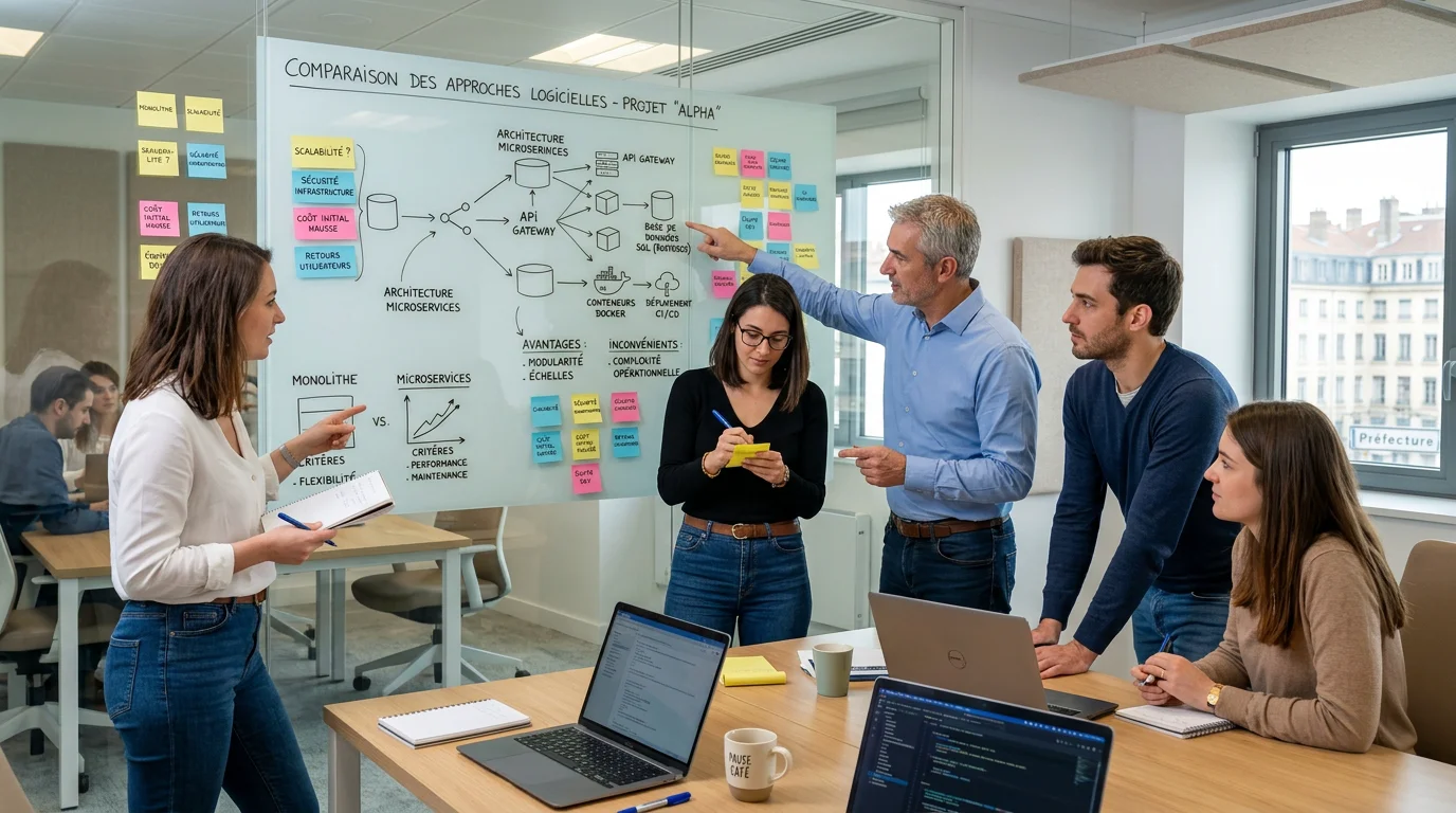 Équipe comparant les approches techniques pour un projet SaaS