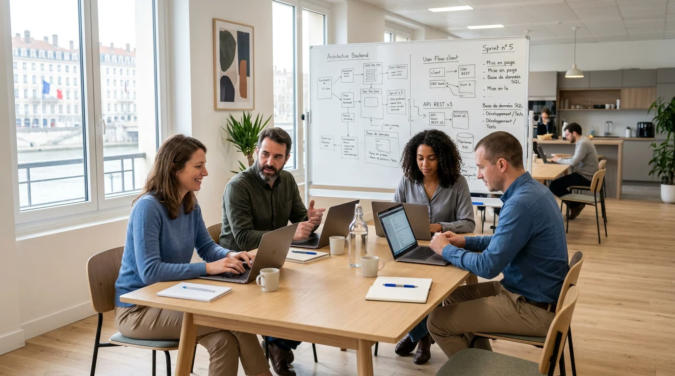 Équipe de développement européenne collaborant autour d'un projet web complexe