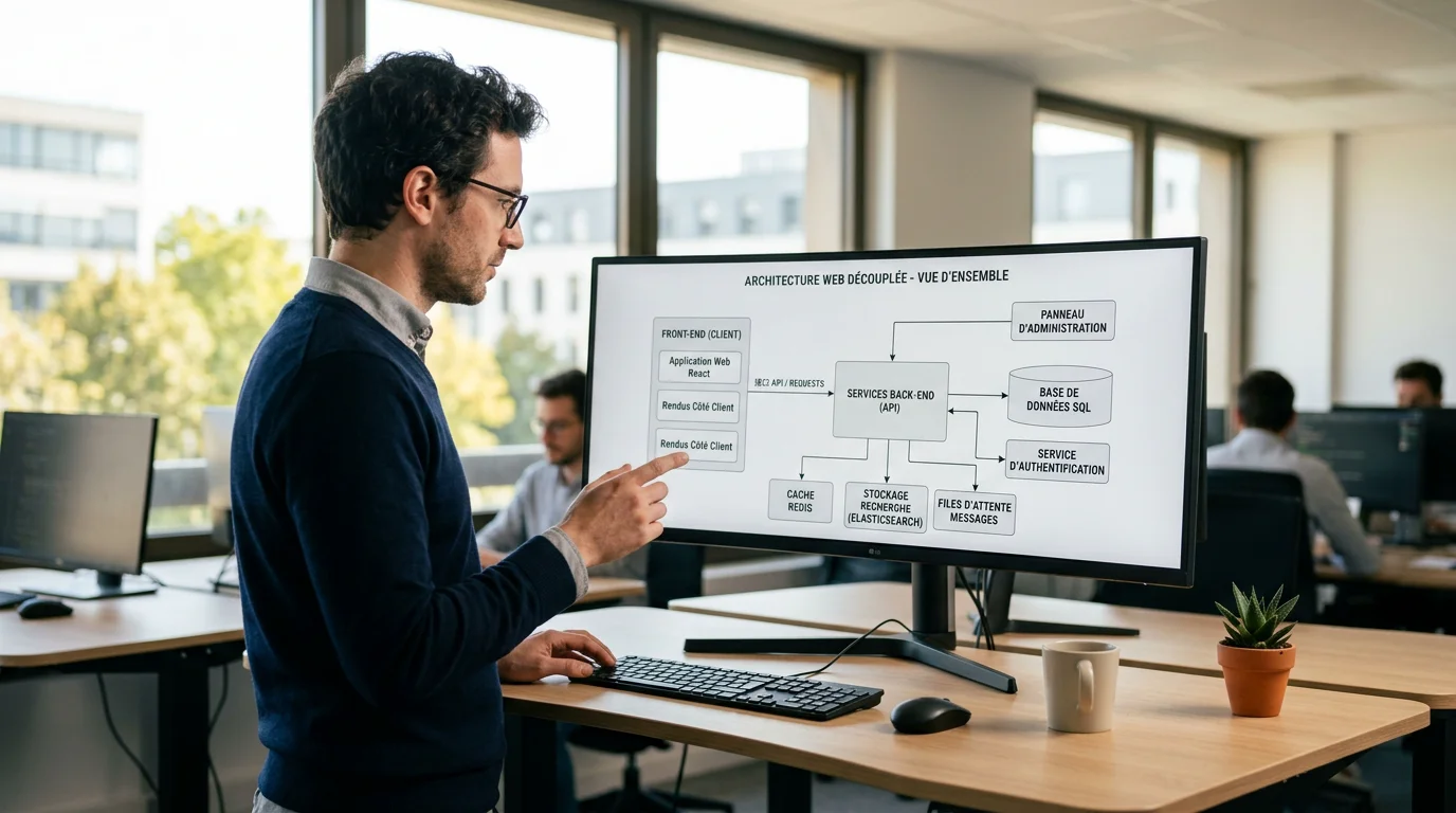 Développeur européen analysant une architecture web découplée Jamstack