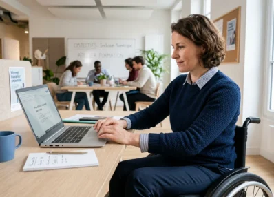 Personne européenne en fauteuil roulant utilisant un ordinateur portable accessible