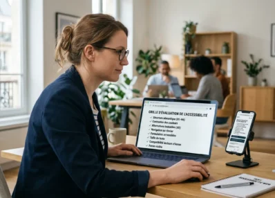 Professionnel européen testant l'accessibilité d'un site web sur ordinateur et smartphone