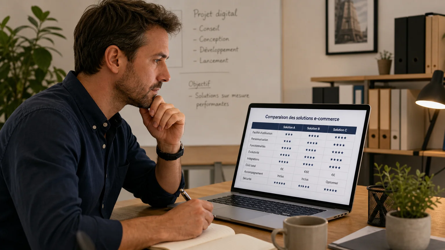 Entrepreneur européen comparant des solutions de CMS e-commerce sur son ordinateur portable