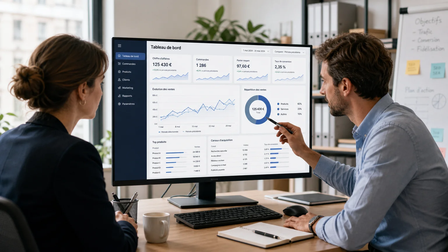 Équipe européenne analysant les performances d'une boutique en ligne sur un écran