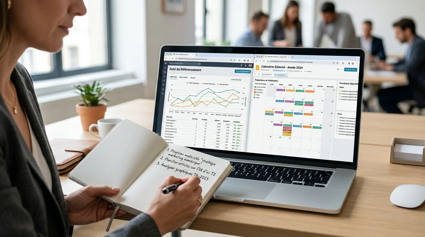 Suivi des positions SEO et planning éditorial sur un ordinateur portable