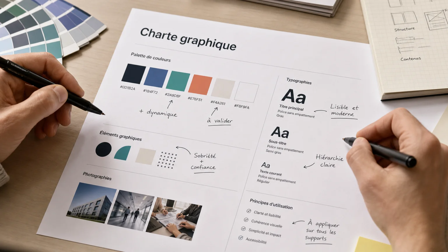 Charte graphique et nuancier de couleurs sur un bureau de designer