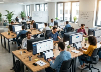 Équipe de développeurs travaillant sur des applications web dans un bureau moderne en France