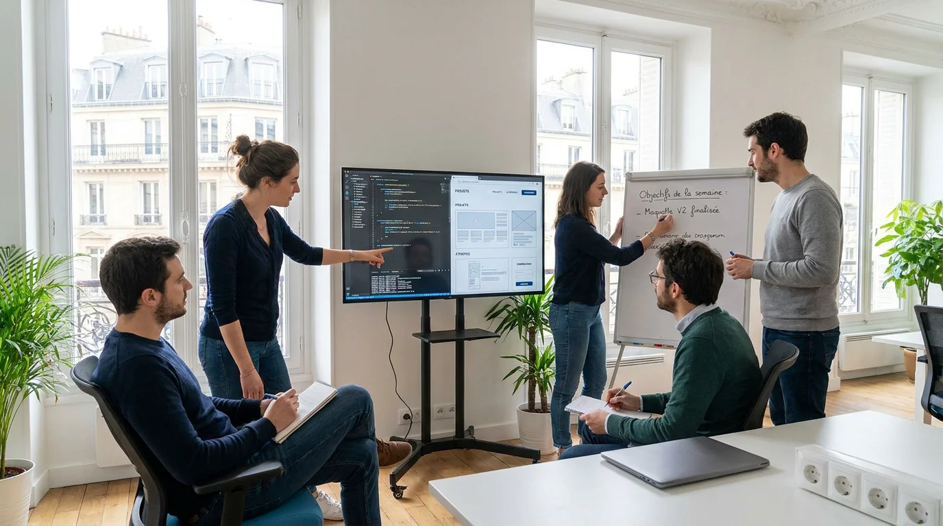 Équipe de développeurs web collaborant sur un projet d'application dans un bureau moderne en France