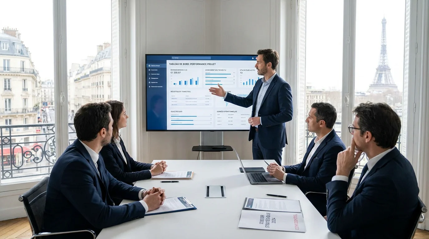 Chef de projet présentant le tableau de bord d'une application web à des décideurs en salle de réunion