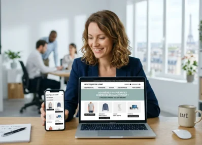 Commerçant en ligne consultant sa boutique rapide sur ordinateur et mobile