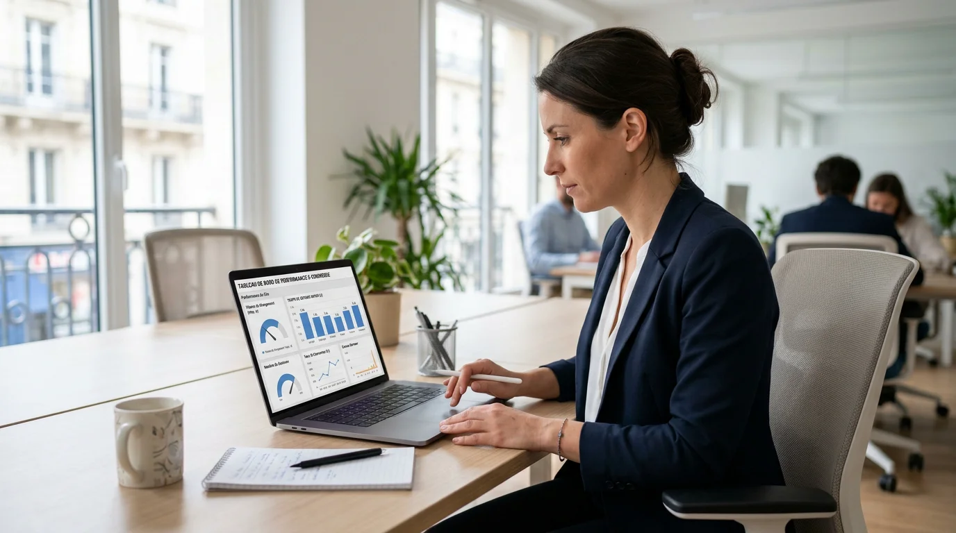 Responsable e-commerce analysant les performances de chargement de sa boutique
