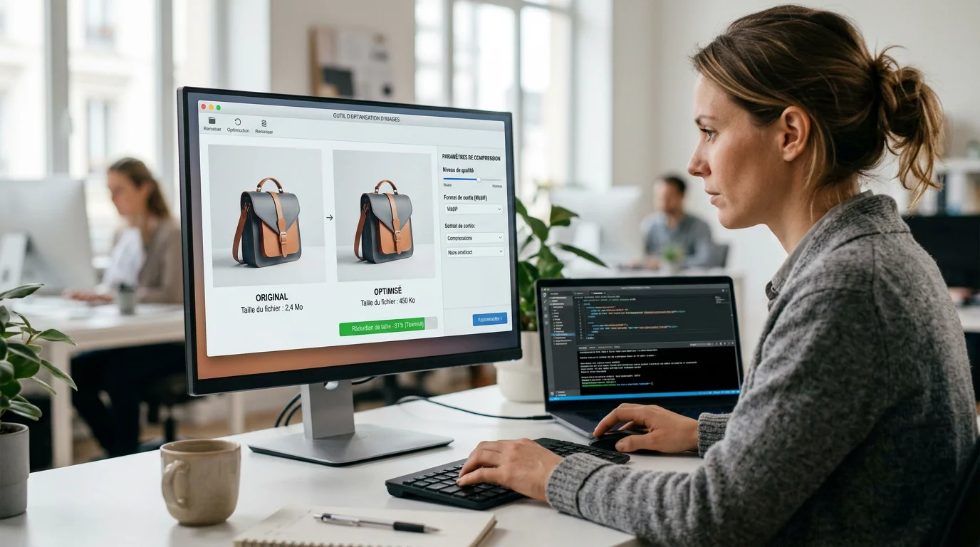 Développeur optimisant la compression des images d'une boutique en ligne