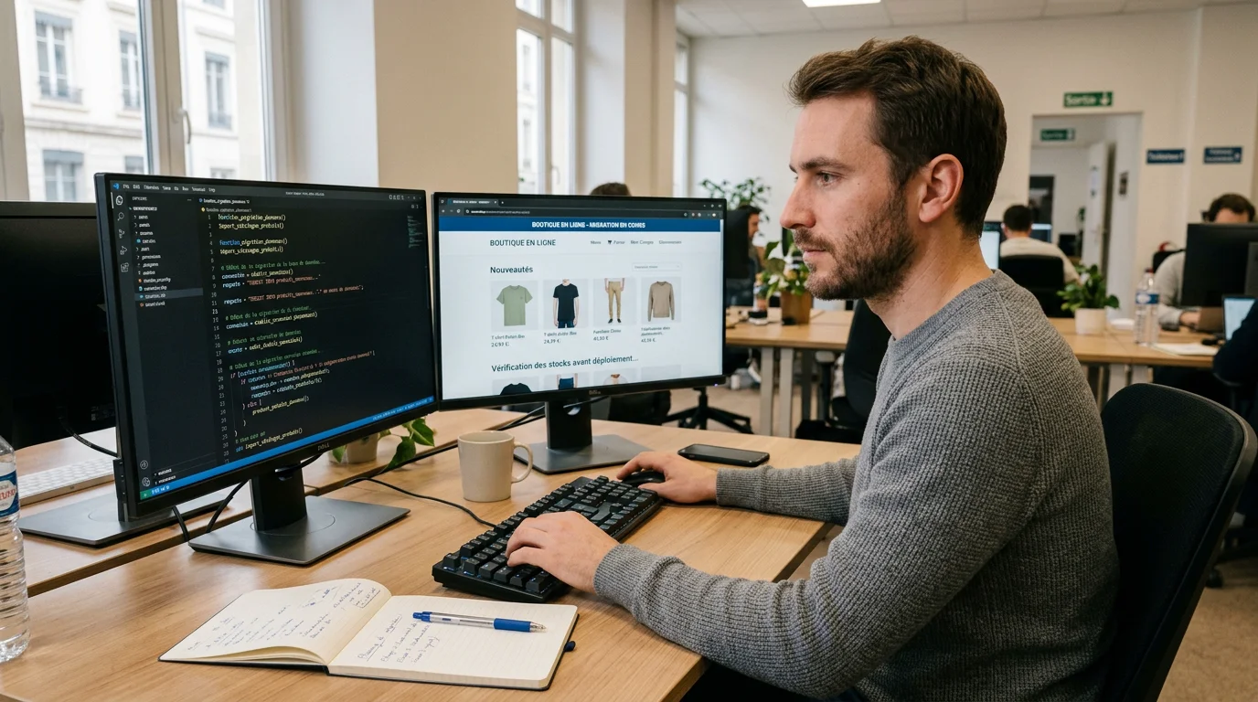 Développeur européen travaillant sur la migration d'un site e-commerce sur deux écrans