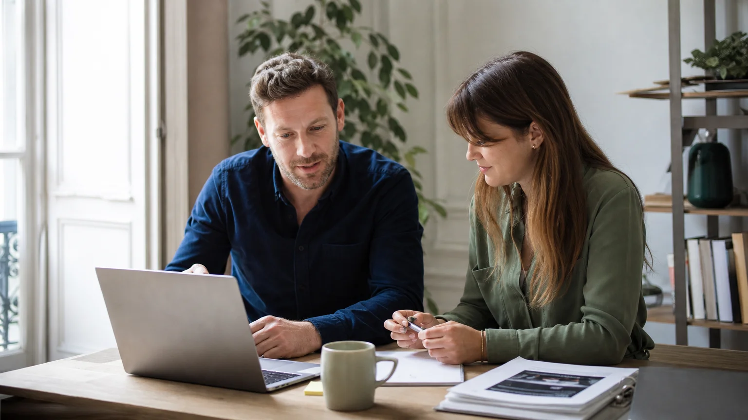 Deux professionnels analysent un contenu web pour le GEO SEO