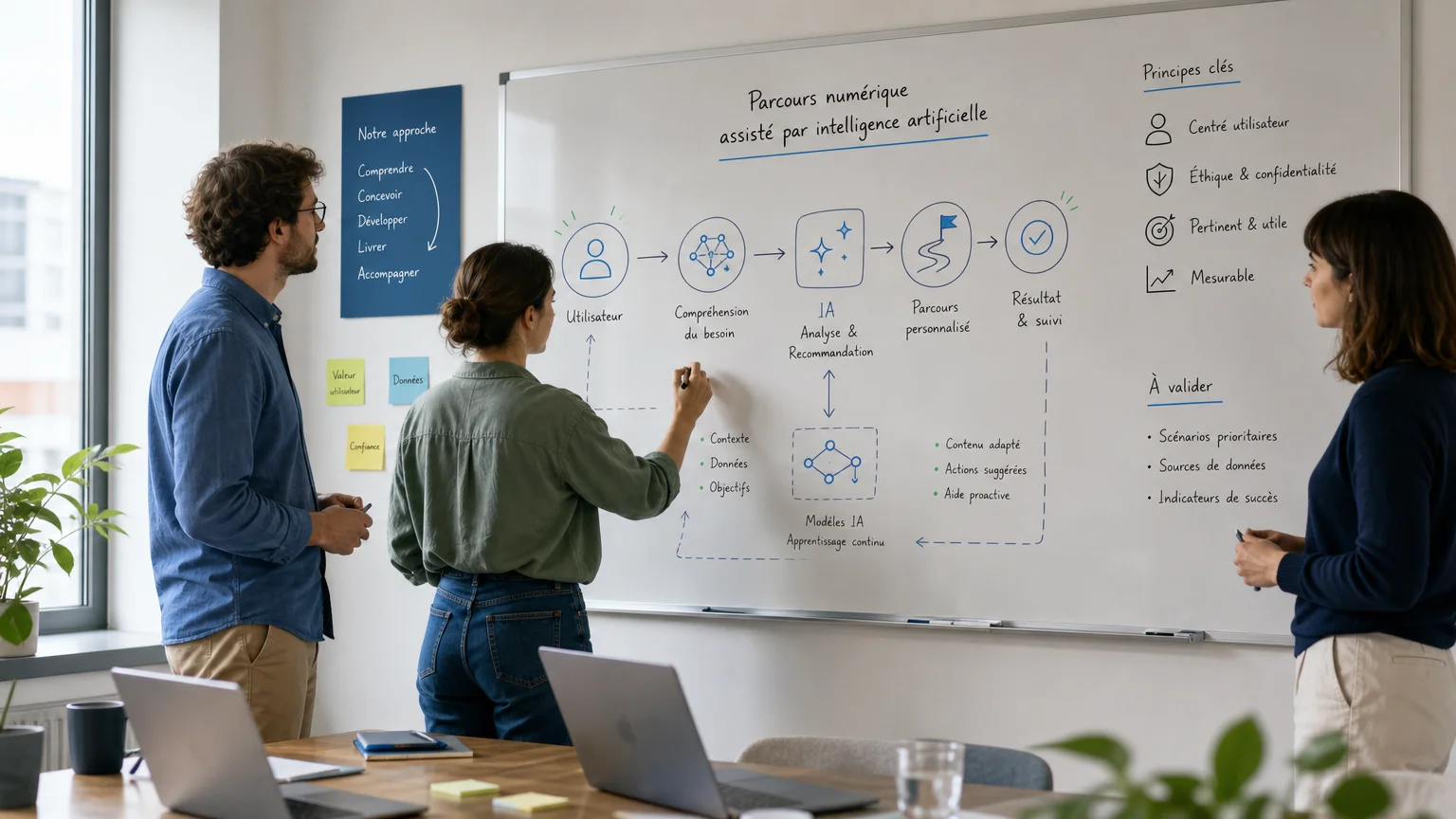 Équipe européenne concevant un parcours numérique assisté par intelligence artificielle