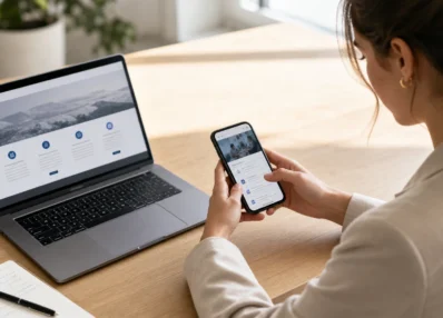 Professionnelle utilisant une application web progressive sur smartphone