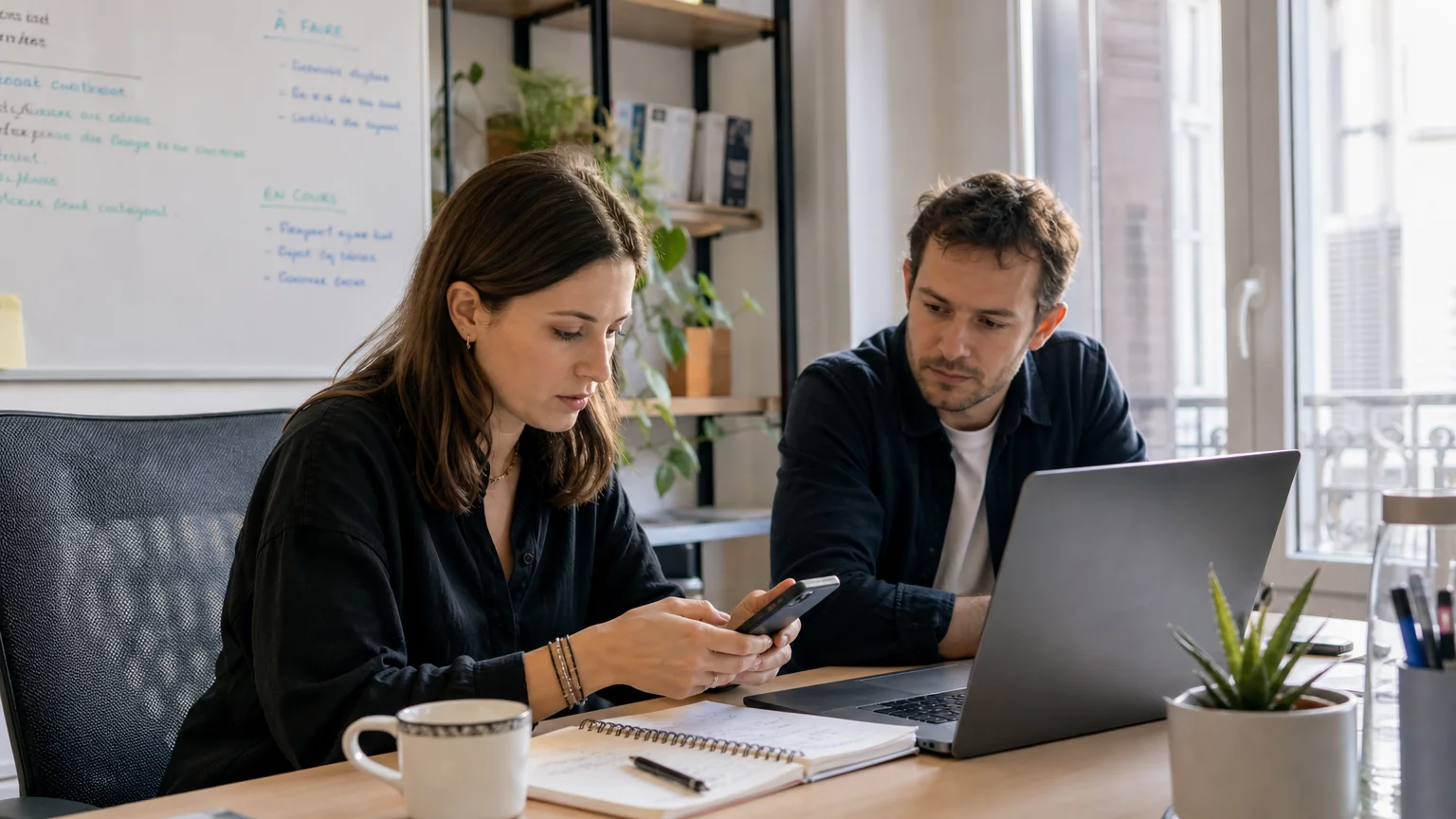 Professionnels européens testant une application web sur smartphone et ordinateur