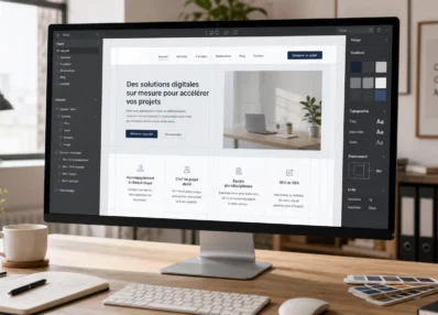 Poste de travail d'une agence web design avec maquette de site a l'ecran