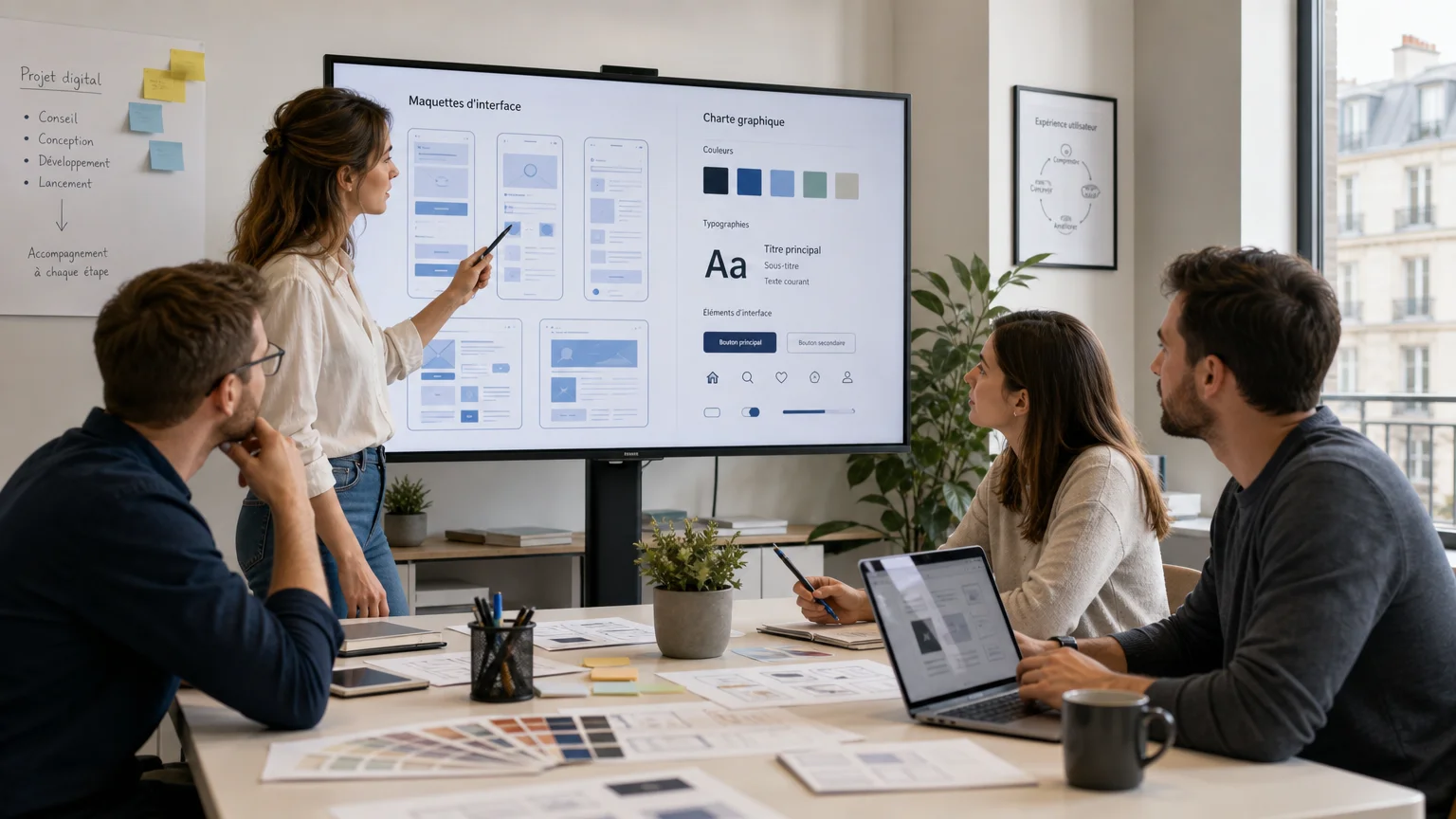 Equipe d'une agence web design travaillant sur des maquettes de site