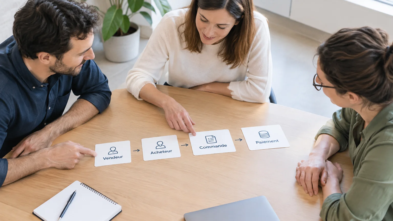 Équipe préparant les étapes d’une transaction sur une marketplace