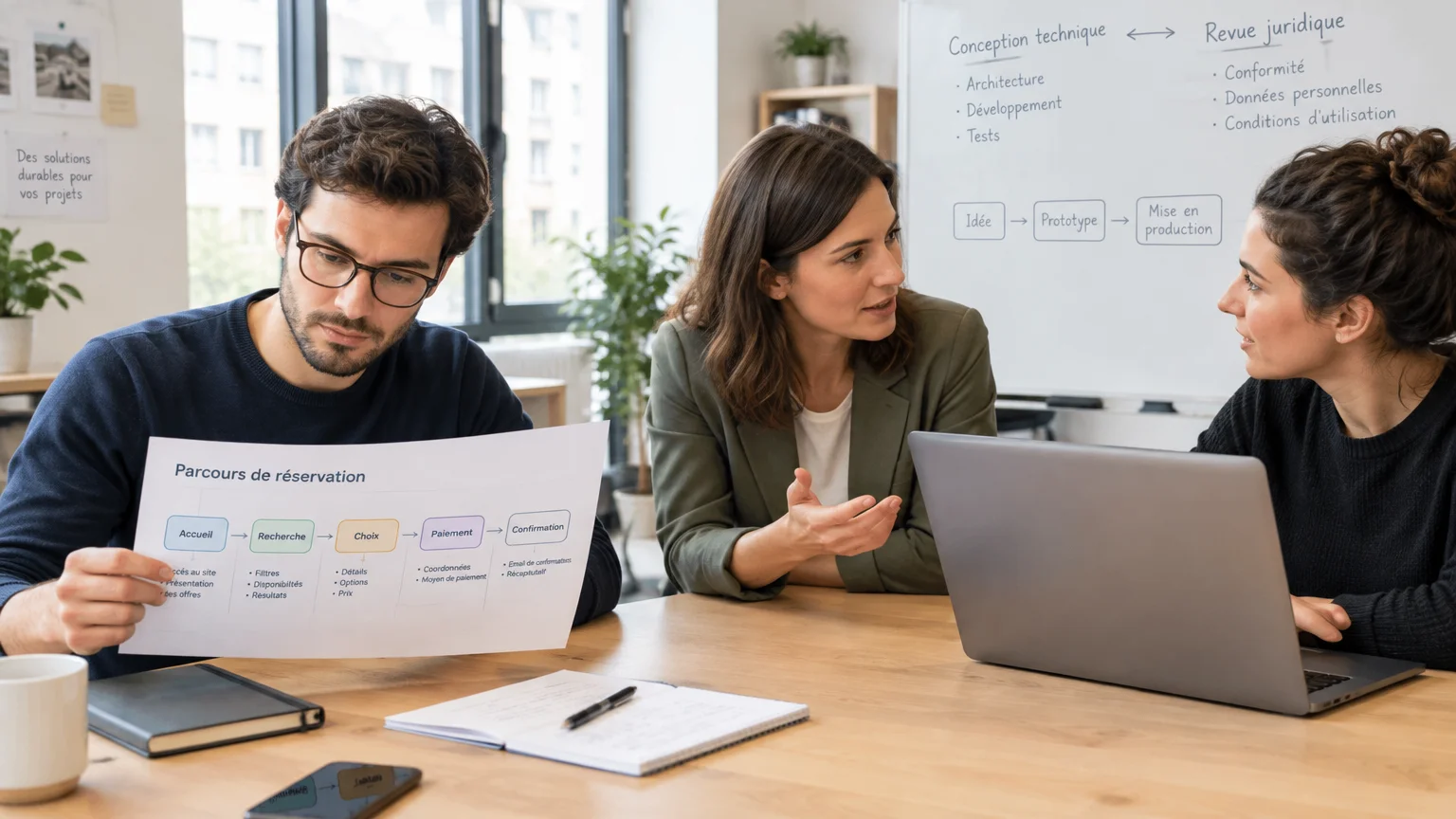Équipe travaillant sur le parcours technique et juridique d’une marketplace de services