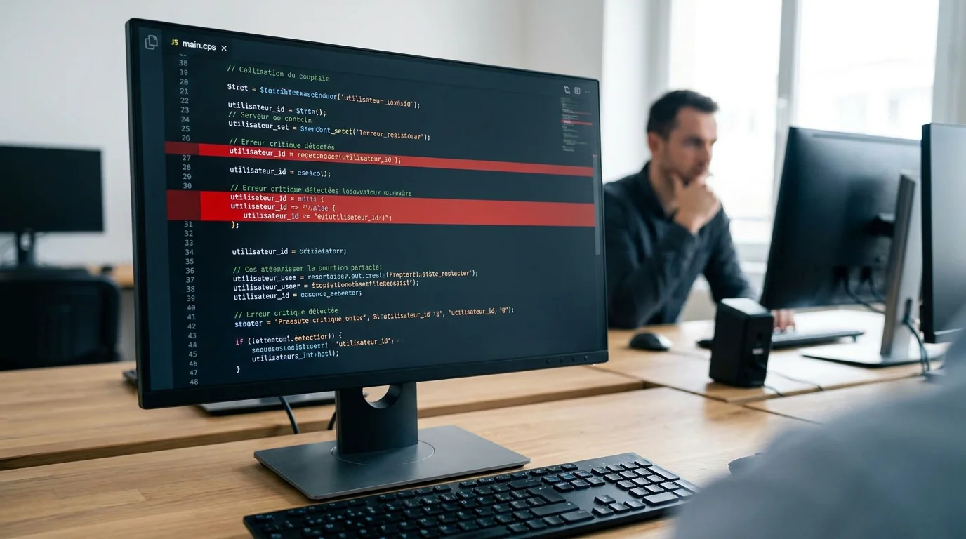 Écran affichant du code source avec des erreurs surlignées illustrant la dette technique