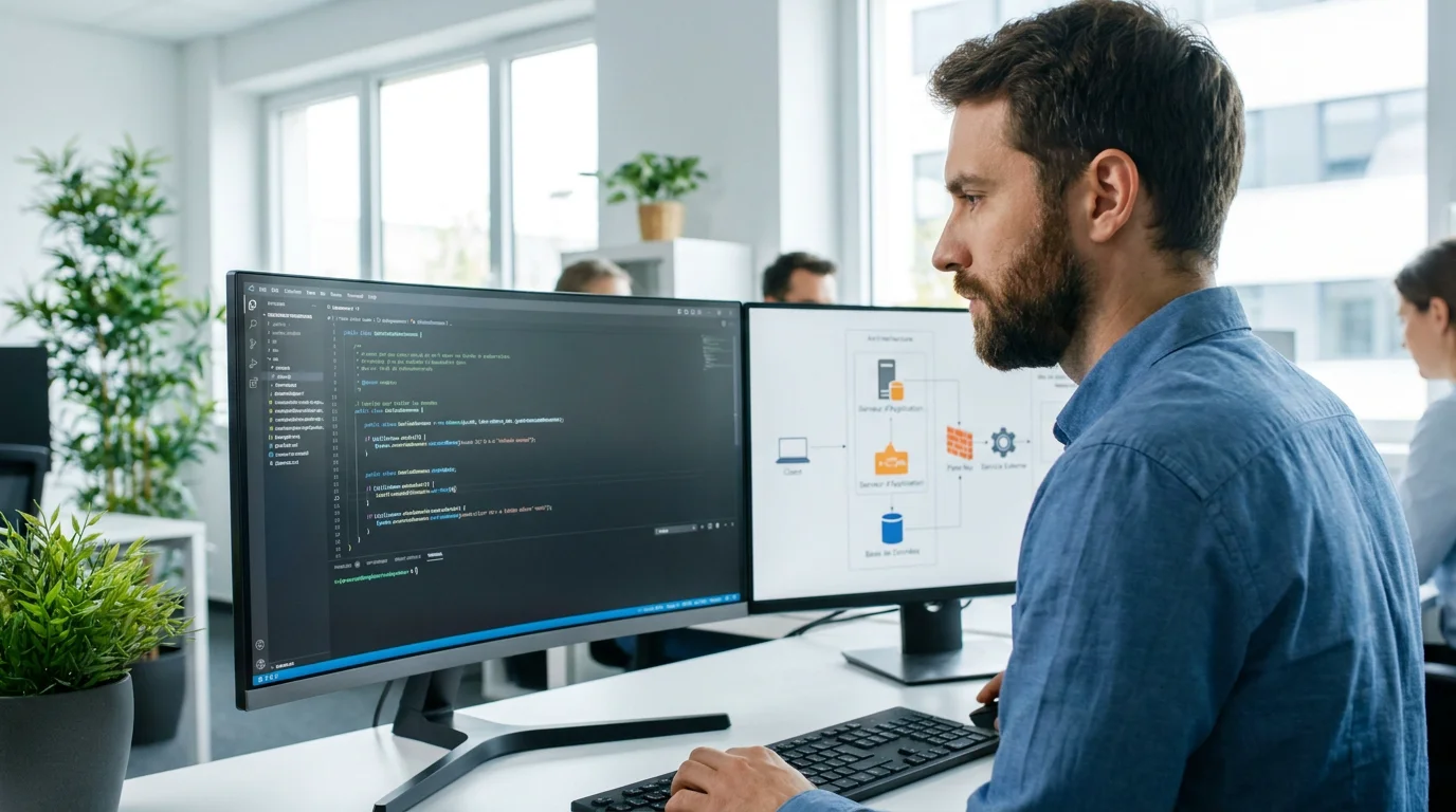 Développeur européen concevant l'architecture technique d'une application SaaS sur plusieurs écrans