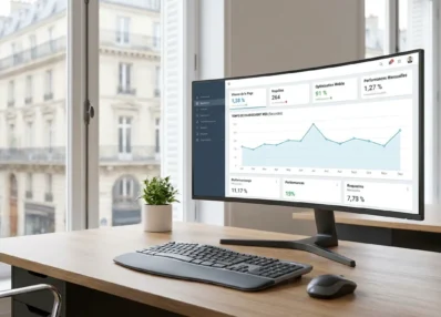 Bureau professionnel avec écran affichant des métriques de performance web