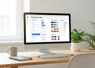 Interface de design system pour SaaS affichant des composants UI structurés sur un écran professionnel
