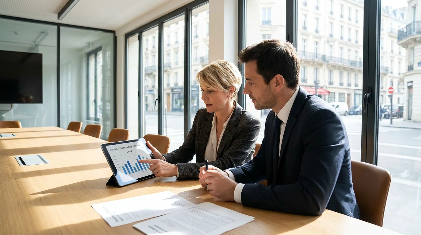 Dirigeant et chef de projet analysant le planning et le budget d'un projet SaaS
