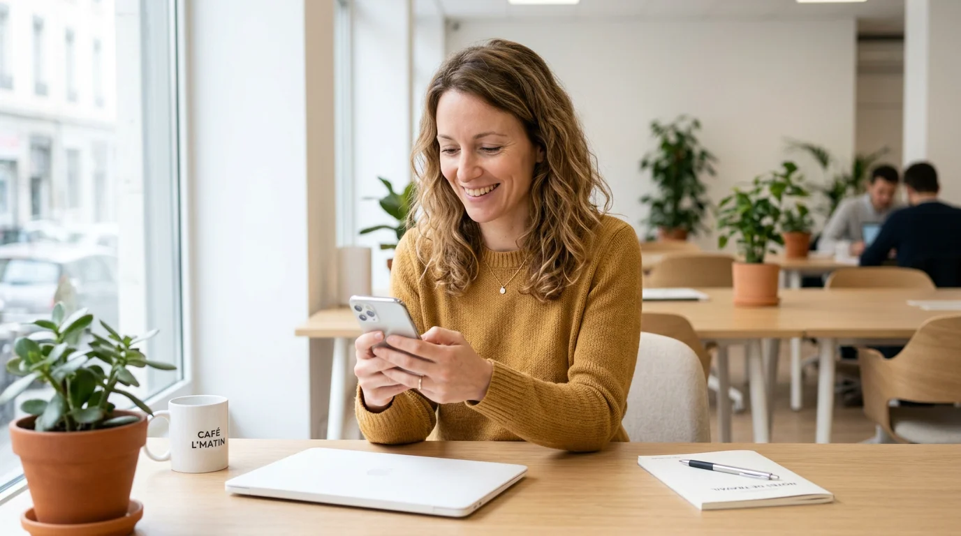 Femme consultant une application web progressive sur son smartphone au bureau