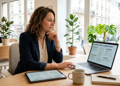 Entrepreneur européen comparant un site WordPress classique et un site sur mesure