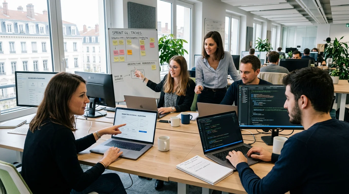Équipe d'une agence de développement web travaillant sur un projet en France