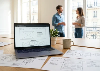 Espace de travail d'une agence web avec écran de conception et croquis UX