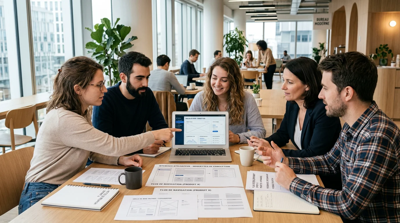 Équipe pluridisciplinaire d'une agence de développement web au travail