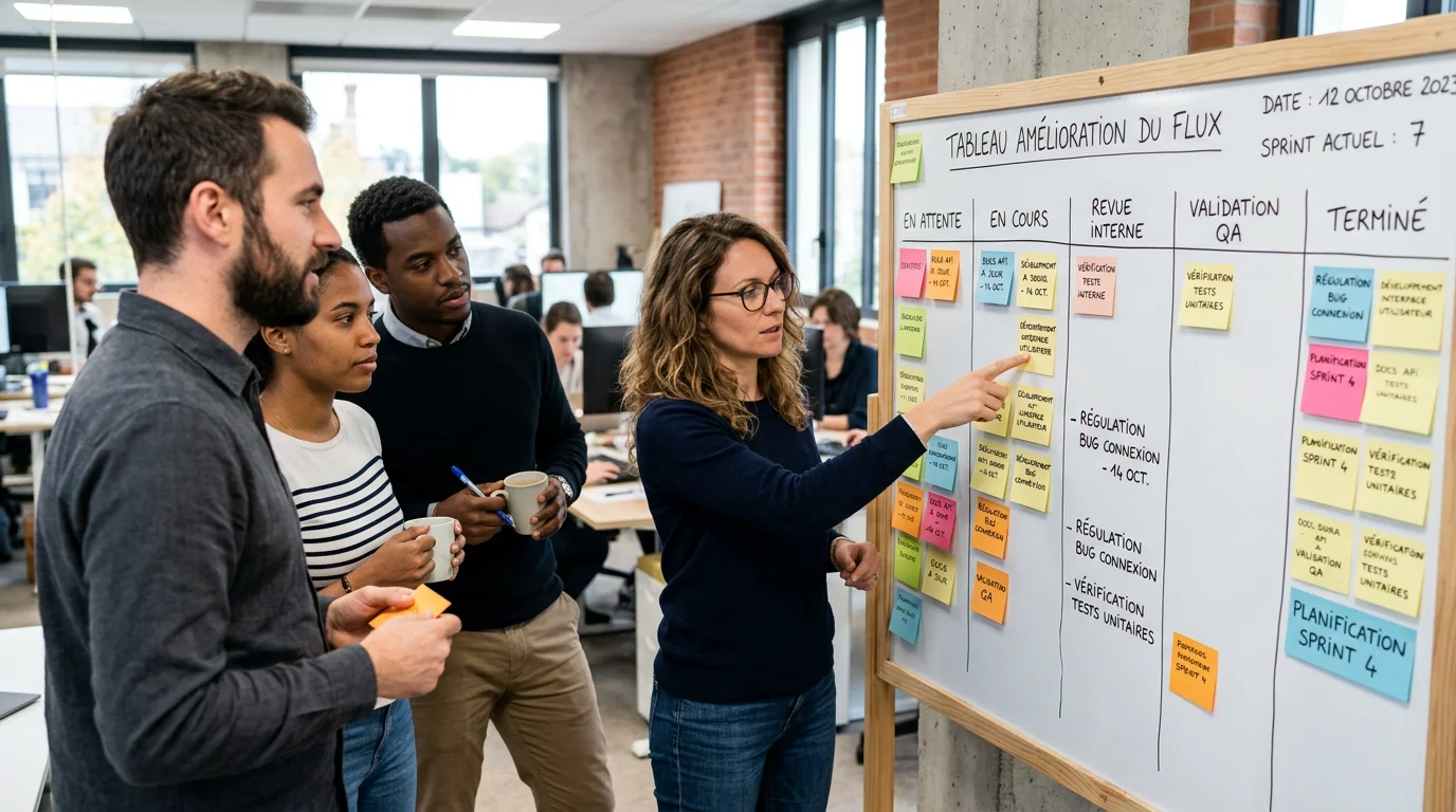 Équipe de développeurs européens organisant un tableau de sprint agile avec des post-it